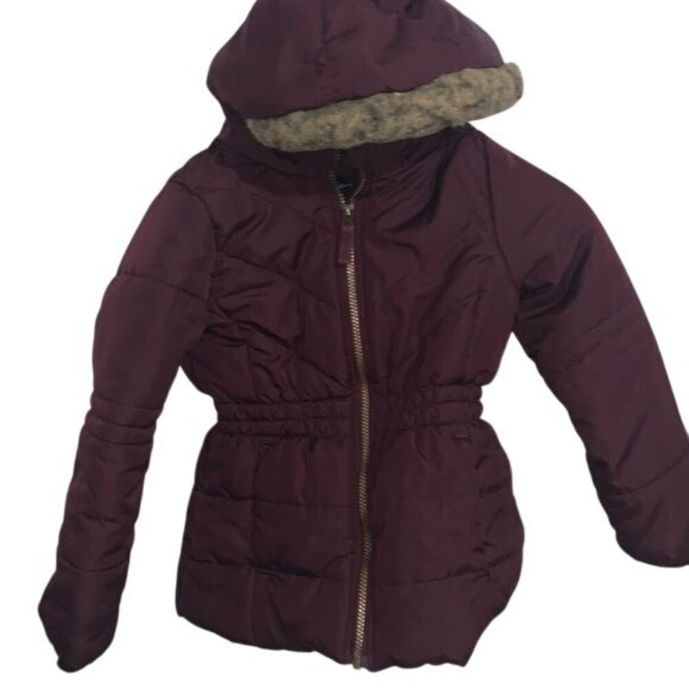 Weathertamer Girls Burgundy Hooded Puffer Jacket With Faux Fur Trim Size S/7-8